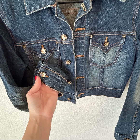 Mixit Cropped Dark Blue Faded Denim Jacket with Jewel Buttons - Picture 2 of 6
